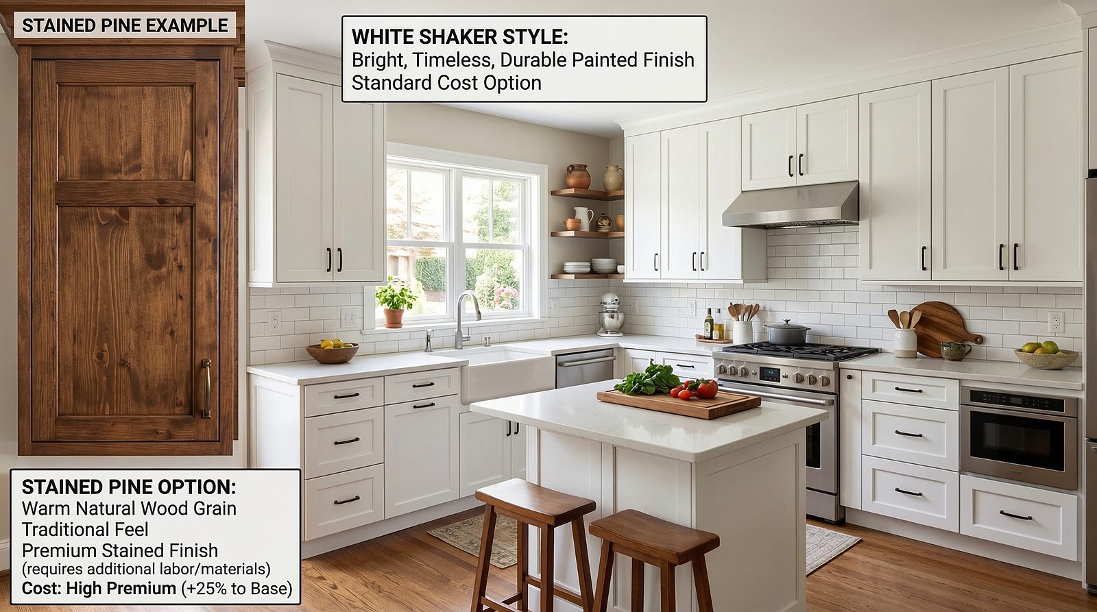White shaker kitchen with a stained pine cabinet door sample