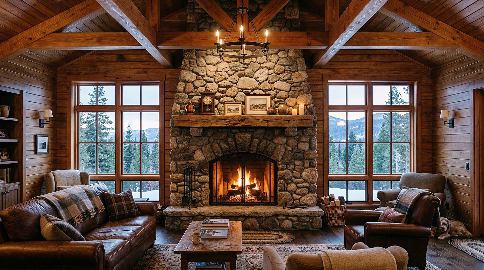 Living room with stained tongue-and-groove ceiling and stone fireplace