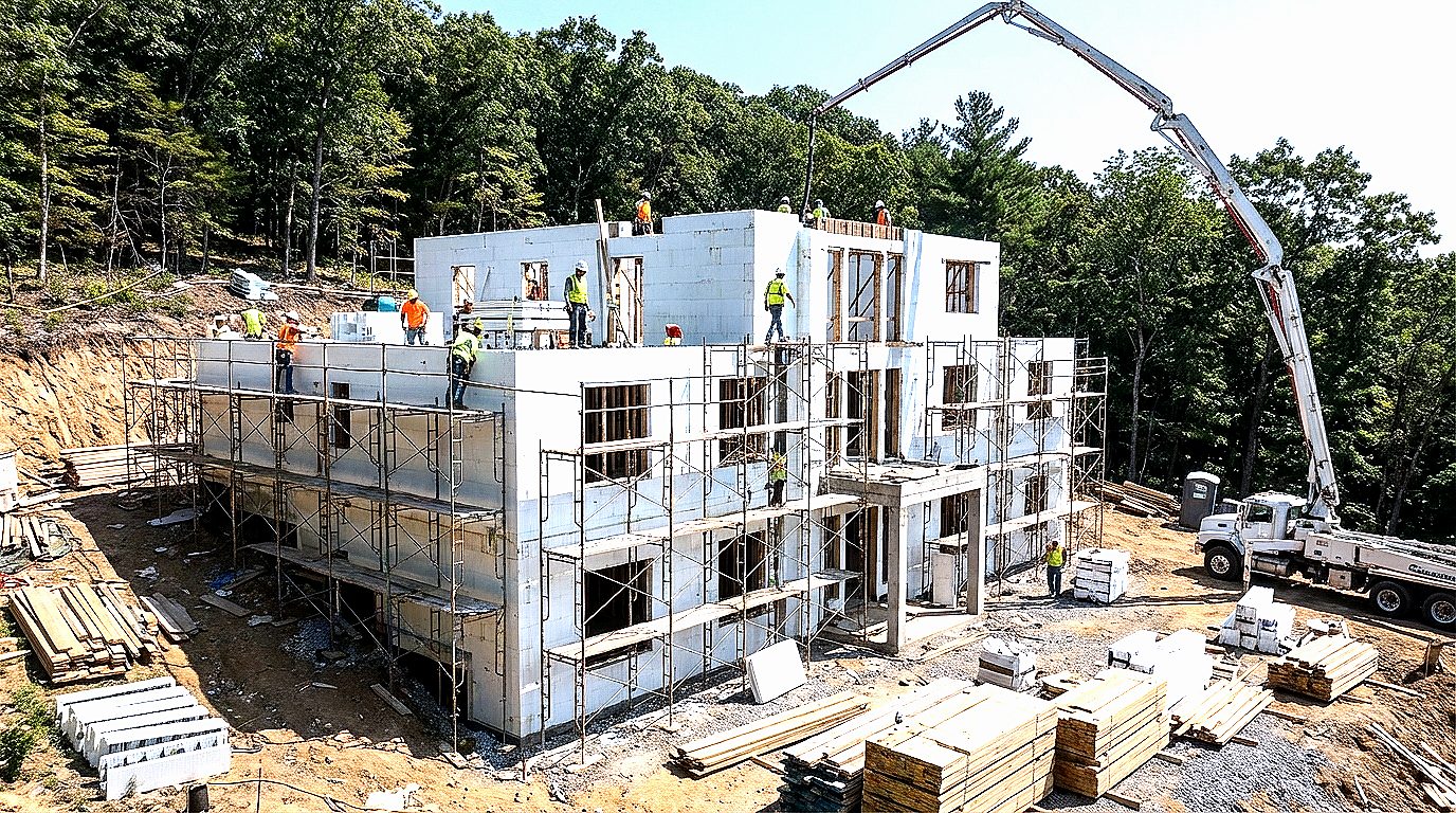 Insulated concrete form walls being poured