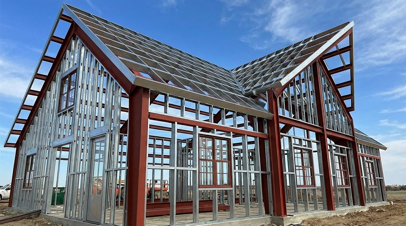 Welded steel frame of a barndominium
