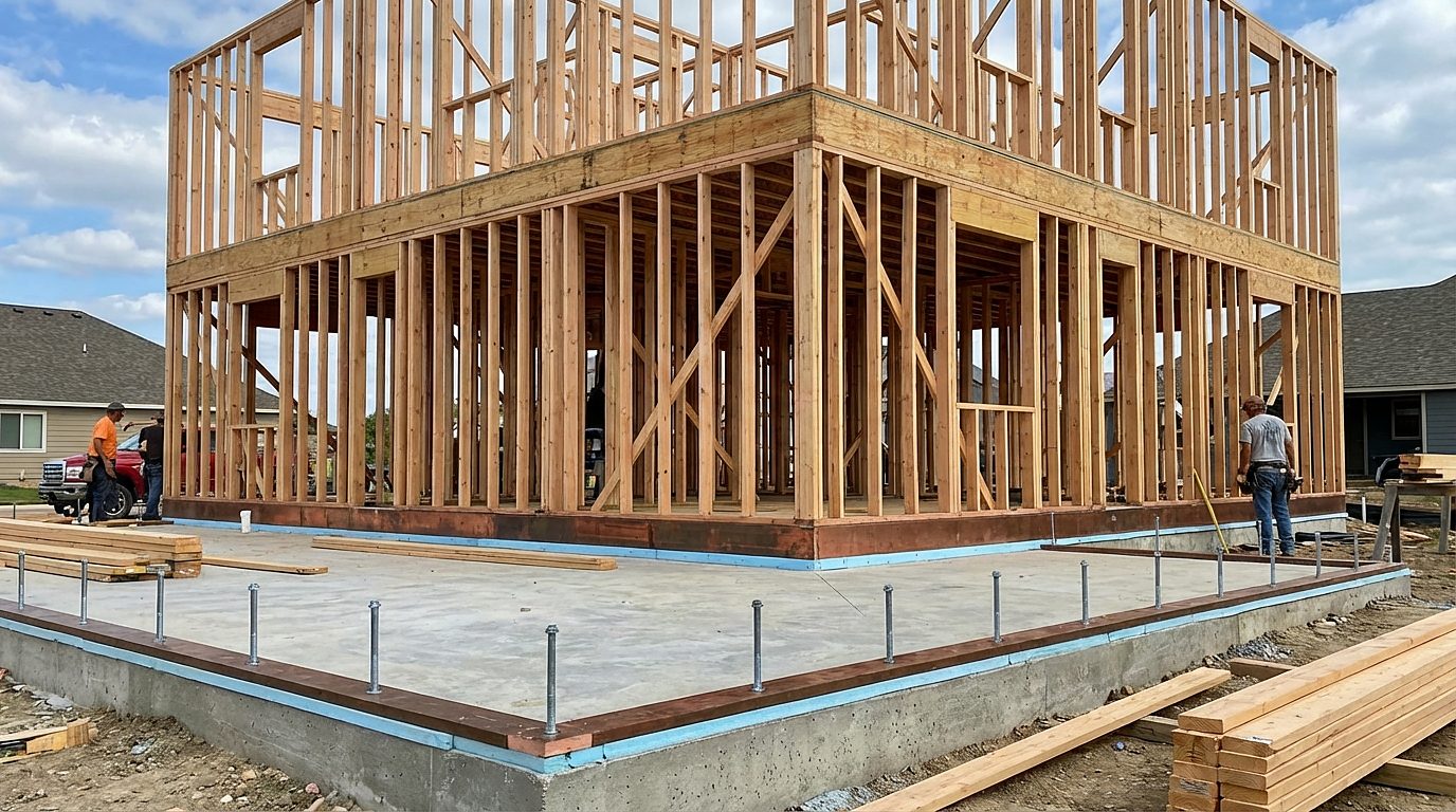 Two-story wood stick frame on a slab