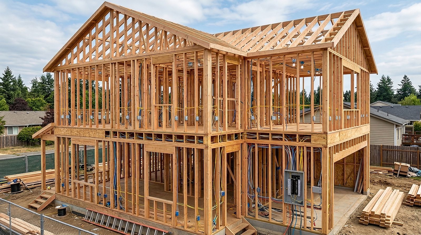 Two-story wood frame with electrical rough-in and panel