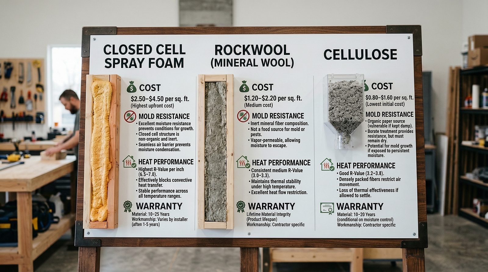 Display board comparing closed cell spray foam, Rockwool and cellulose insulation